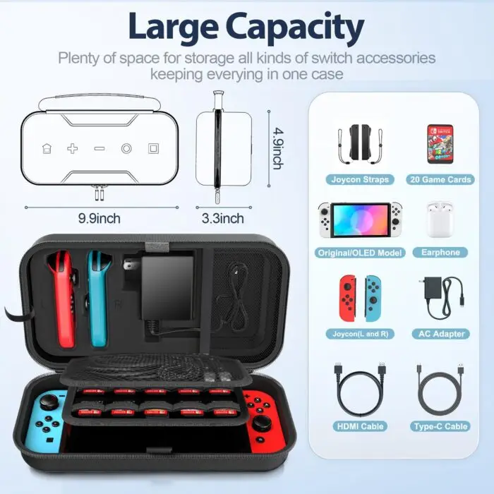 Switch OLED Carrying Case Compatible with Nintendo Switch/OLED Model, Portable Switch Travel Carry Case Fit for Joy-Con and Adapter, Hard Shell Protective Switch Pouch Case with 20 Games, Black